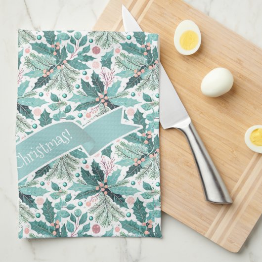 Blauwgroen Kerst Holly Berries Patroon#17 ID1009 Theedoek (Quarter Fold)