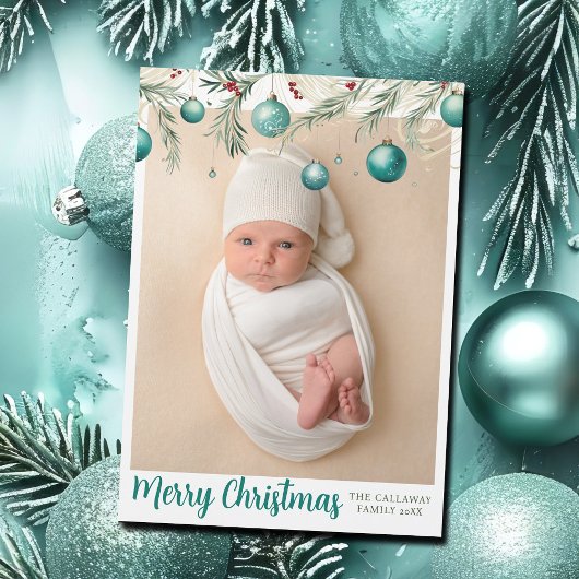 Blauwgroen Kerst Ornamenten Chic Foto Magnet Kaart