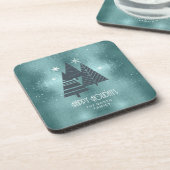 Blauwgroen kerstbomen en Snowflakes ID863 Bier Onderzetter (Linkerzijde)