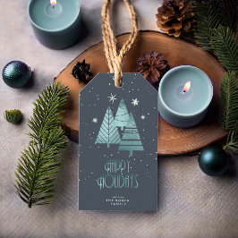 Blauwgroen kerstbomen en Snowflakes ID863 Cadeaulabel