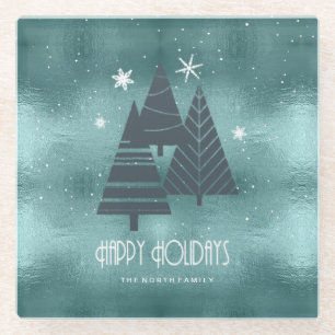 Blauwgroen kerstbomen en Snowflakes ID863 Glazen Onderzetter