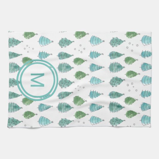 Blauwgroen kerstbomen voor monogram theedoek (Horizontaal)