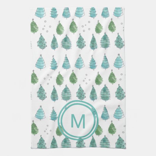 Blauwgroen kerstbomen voor monogram theedoek (Verticaal)