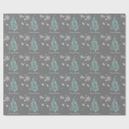 Blauwgroen kerstboom en sneeuwvlokken Verpakkingsp Cadeaupapier (Vlak)