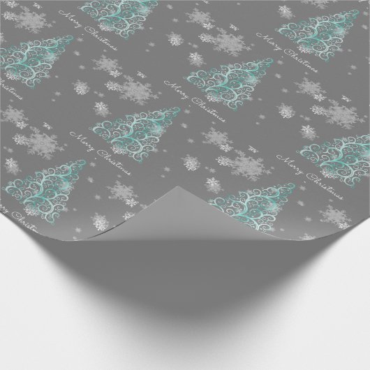 Blauwgroen kerstboom en sneeuwvlokken Verpakkingsp Cadeaupapier (Hoek)