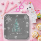 Blauwgroen kerstboom en snowflakes Bord (Feest)