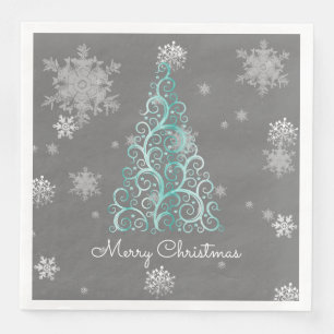 Blauwgroen kerstboom en snowflakes papier servet