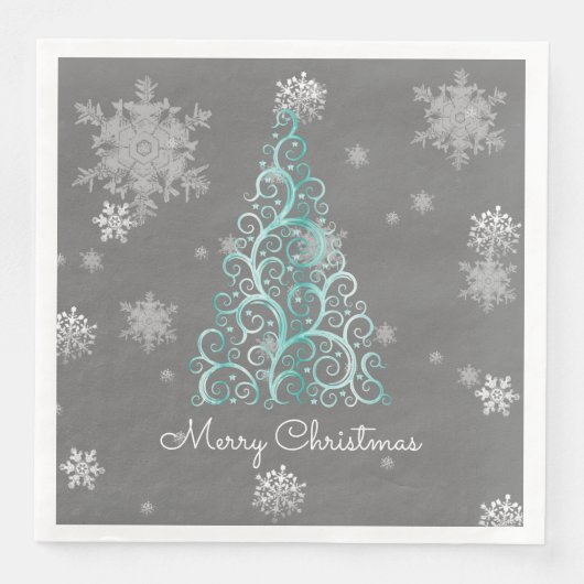 Blauwgroen kerstboom en snowflakes papier servet (Voorkant)