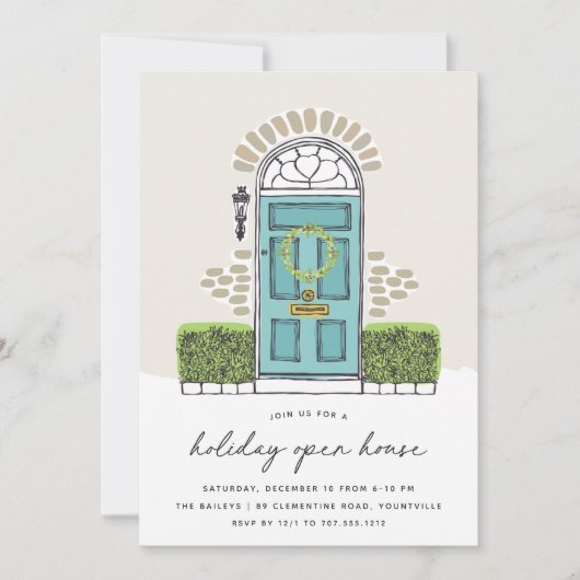 Blauwgroen kerstdeur | Holiday Open House Kaart (Voorkant)