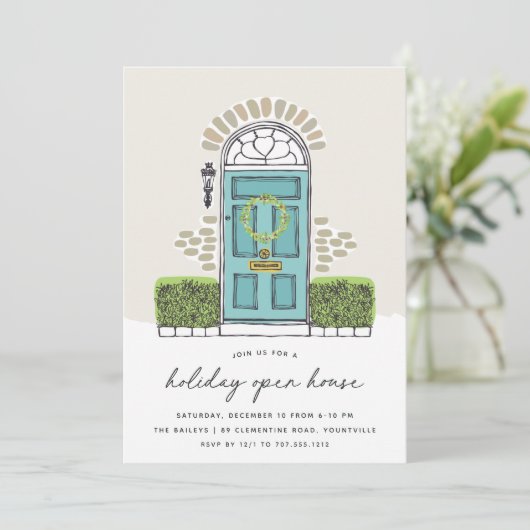 Blauwgroen kerstdeur | Holiday Open House Kaart (Staand voorkant)