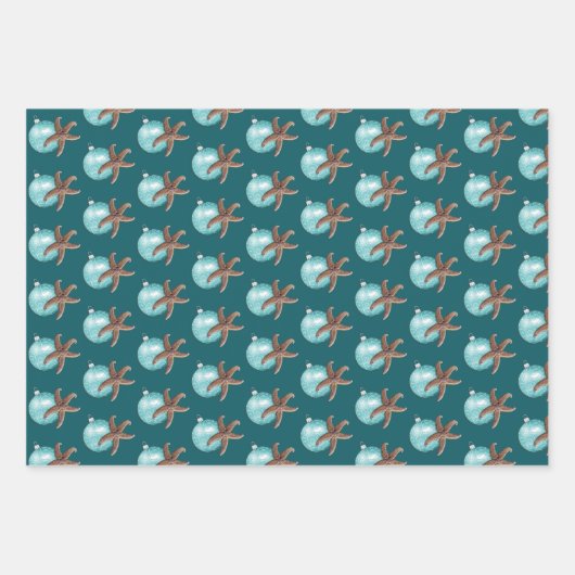 Blauwgroen kerstfeest met blauw Ornament Inpakpapier Vel (Voorkant 3)