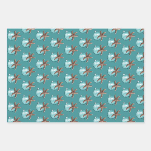 Blauwgroen kerstfeest met blauw Ornament Inpakpapier Vel (Voorkant)