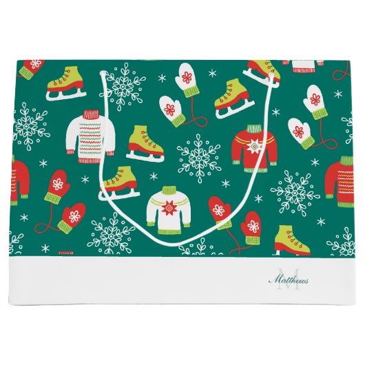 Blauwgroen kerstfeest van het Snowflakes-patroon v Groot Cadeauzakje (Voorkant)