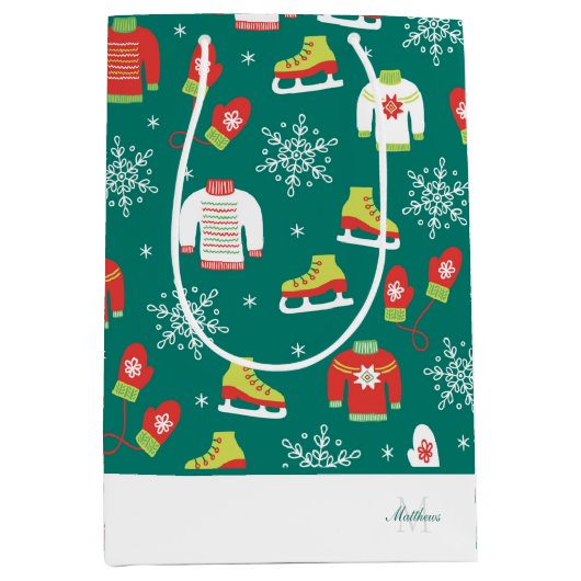 Blauwgroen kerstfeest van het Snowflakes-patroon v Medium Cadeauzakje (Voorkant)