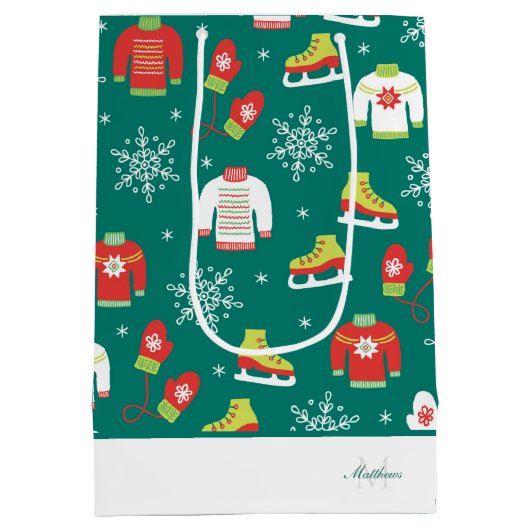 Blauwgroen kerstfeest van het Snowflakes-patroon v Medium Cadeauzakje (Achterkant)