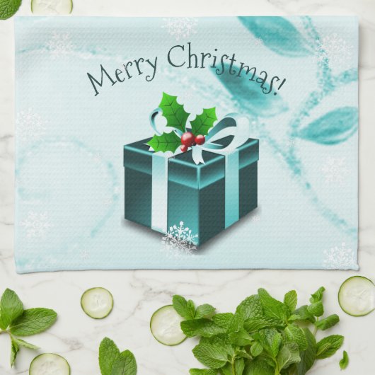 Blauwgroen kerstkeukenhanddoek met kerstcadeaus theedoek (Gevouwen)