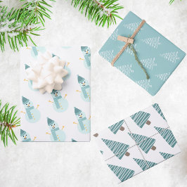 Blauwgroen kerstman en bomen inpakpapier vel