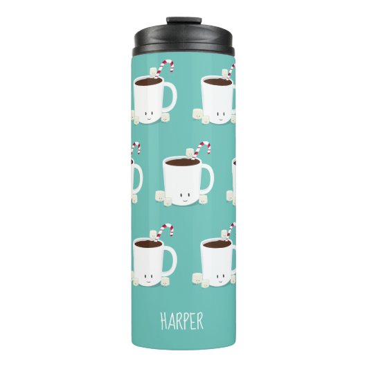 Blauwgroen kerstmis met de naam "Cute Hot Chocolat Thermosbeker (Voorkant)