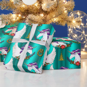 Blauwgroen kerstpapier met brede unicorn cadeaupapier