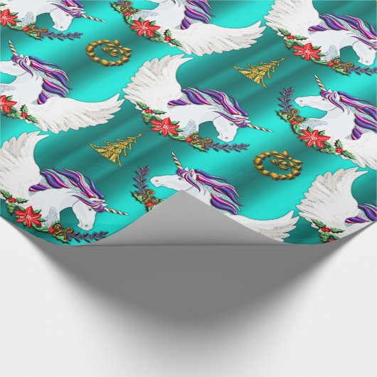 Blauwgroen kerstpapier met brede unicorn cadeaupapier (Hoek)