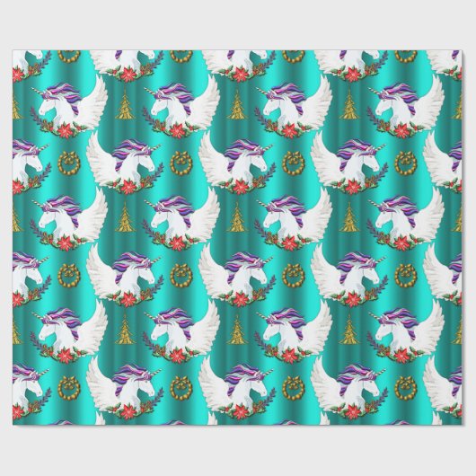 Blauwgroen kerstpapier met brede unicorn cadeaupapier (Vlak)