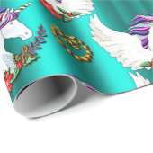 Blauwgroen kerstpapier met brede unicorn cadeaupapier (Rol Hoek)