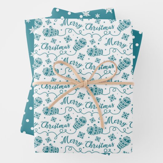 Blauwgroen kerstpatroon met Mittens en Snowflake Inpakpapier Vel (In situ)
