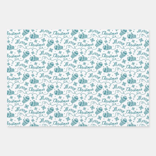Blauwgroen kerstpatroon met Mittens en Snowflake Inpakpapier Vel (Voorkant)