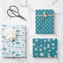 Blauwgroen kerstpatroon met Mittens en Snowflake Inpakpapier Vel
