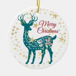 Blauwgroen kerstrenrendierster Golden Stars Elegan Keramisch Ornament