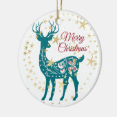 Blauwgroen kerstrenrendierster Golden Stars Elegan Keramisch Ornament (Links)