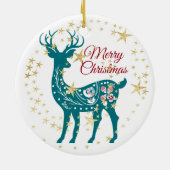 Blauwgroen kerstrenrendierster Golden Stars Elegan Keramisch Ornament (Achterkant)