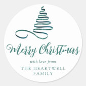 Blauwgroen kerstscript met lint-bomen ronde sticker (Voorkant)