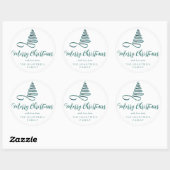Blauwgroen kerstscript met lint-bomen ronde sticker (Vel)