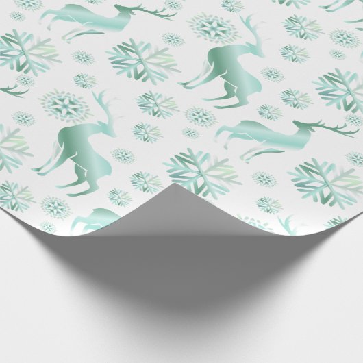 Blauwgroen kerstsmidsvlokken en rendieren cadeaupapier (Hoek)