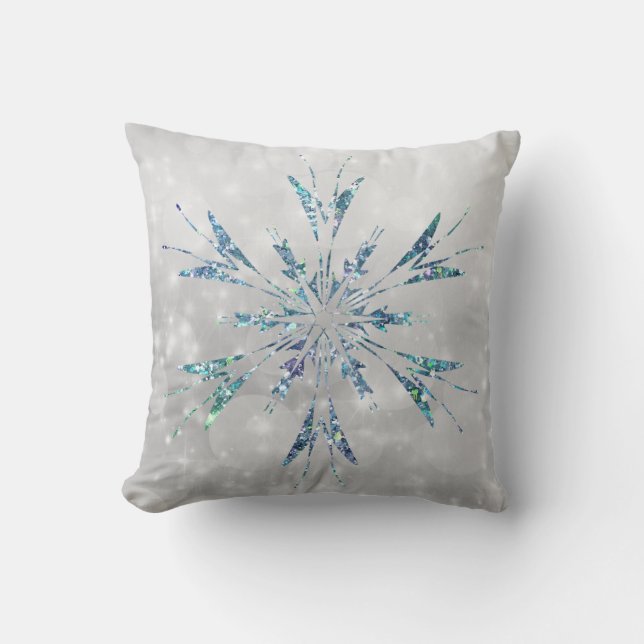 Blauwgroen kerstsnowflake Sparkle Silver Kussen (Voorkant)