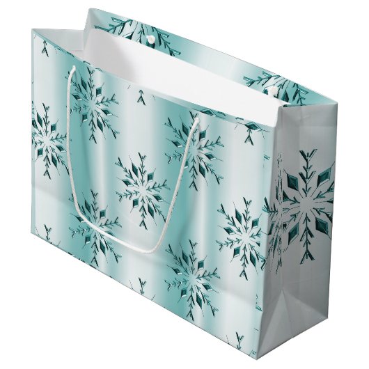 Blauwgroen kerstsnowflakes groot cadeauzakje (Voorkant Gekanteld)