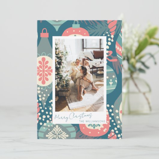  Blauwgroen kerstversieringen Aangepaste foto Feestdagenkaart (Staand voorkant)