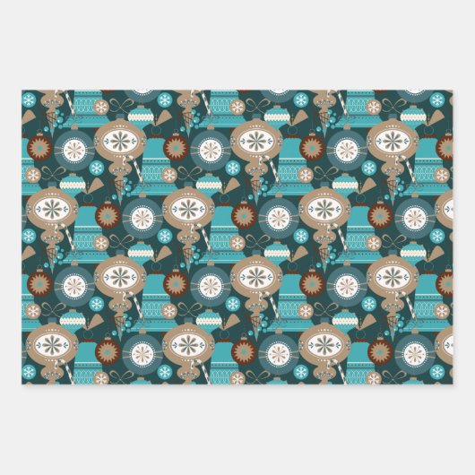 Blauwgroen kerstversieringen en kerstversieringen inpakpapier vel (Voorkant 3)