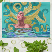 Blauwgroen keukenhanddoek met Octopus Vrouw (Gevouwen)