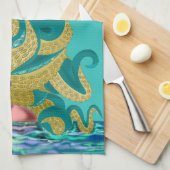 Blauwgroen keukenhanddoek met Octopus Vrouw (Quarter Fold)