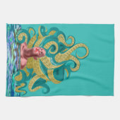 Blauwgroen keukenhanddoek met Octopus Vrouw (Horizontaal)