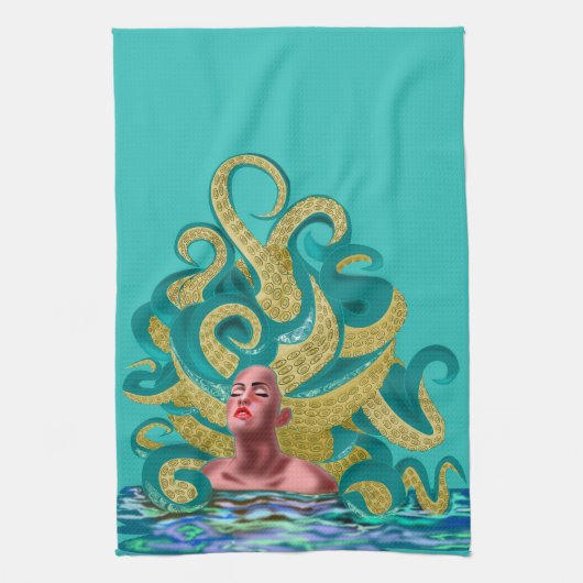 Blauwgroen keukenhanddoek met Octopus Vrouw (Verticaal)
