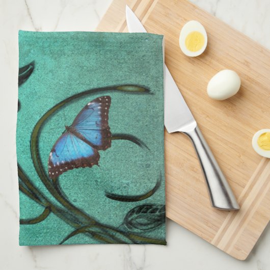 Blauwgroen keukenhanddoek voor Butterfly Pair (Quarter Fold)