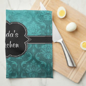 Blauwgroen keukenhanddoeken voor Damask Black (Quarter Fold)