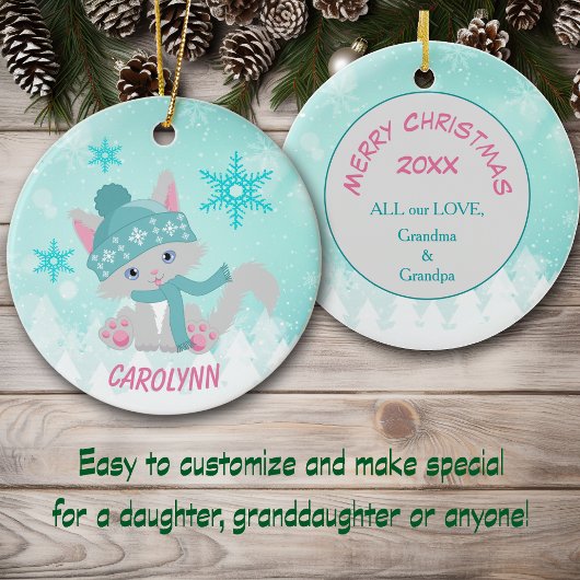 Blauwgroen Kind Winter Snowflake Kitten Keramisch Ornament