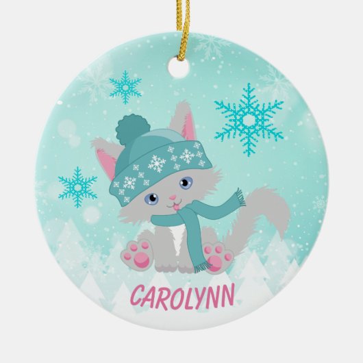 Blauwgroen Kind Winter Snowflake Kitten Keramisch Ornament (Voorkant)