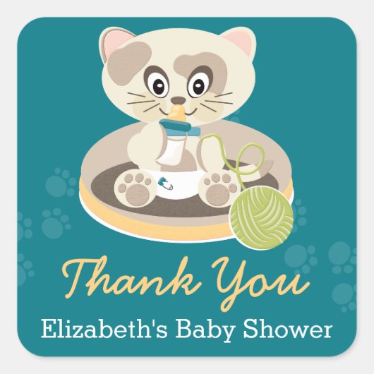 Blauwgroen Kitten In Luiers Kat Baby shower Dank U Vierkante Sticker (Voorkant)
