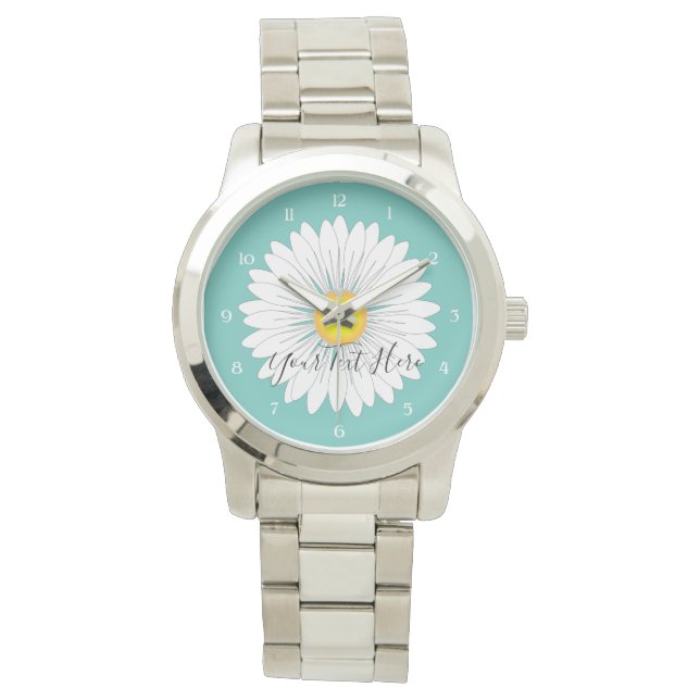 Blauwgroen  kleine Daisy Unisex Oversized Silver Horloge (Voorkant)