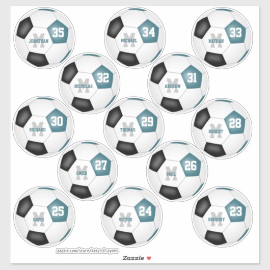 blauwgroen kleuren voor het zwarte voetbalteam 13  sticker (Vel)